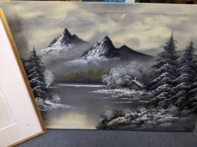 Three pictures, an oil canvas depicting a winter scene with a frozen lake and snow covered