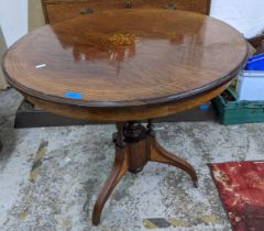 Victorian inlaid rosewood occasional table, circular top supported by three shaped, fluted and