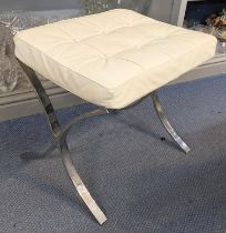 A Barcelona style chrome and white leather upholstered stool, 47cm h x 50.5cm w Location:
