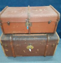 A vintage leather trunk having wooden strapwork with Canadian Pacific Express luggage label together