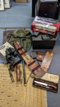 A mixed lot to include a Regent 10x50 binoculars, a vintage pair of binoculars, cased three piece