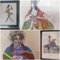 A group of framed watercolours and prints indistinctly signed and dated '25 depicting comical