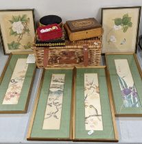 A mixed lot to include a pair of silk Oriental framed and glazed pictures, together with a set of