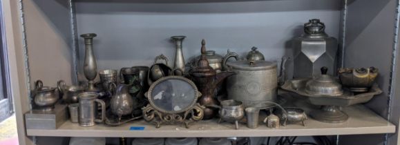 Mixed pewter to include hexangonal German canteen a pedestal dish, a pair of candlesticks, a photo