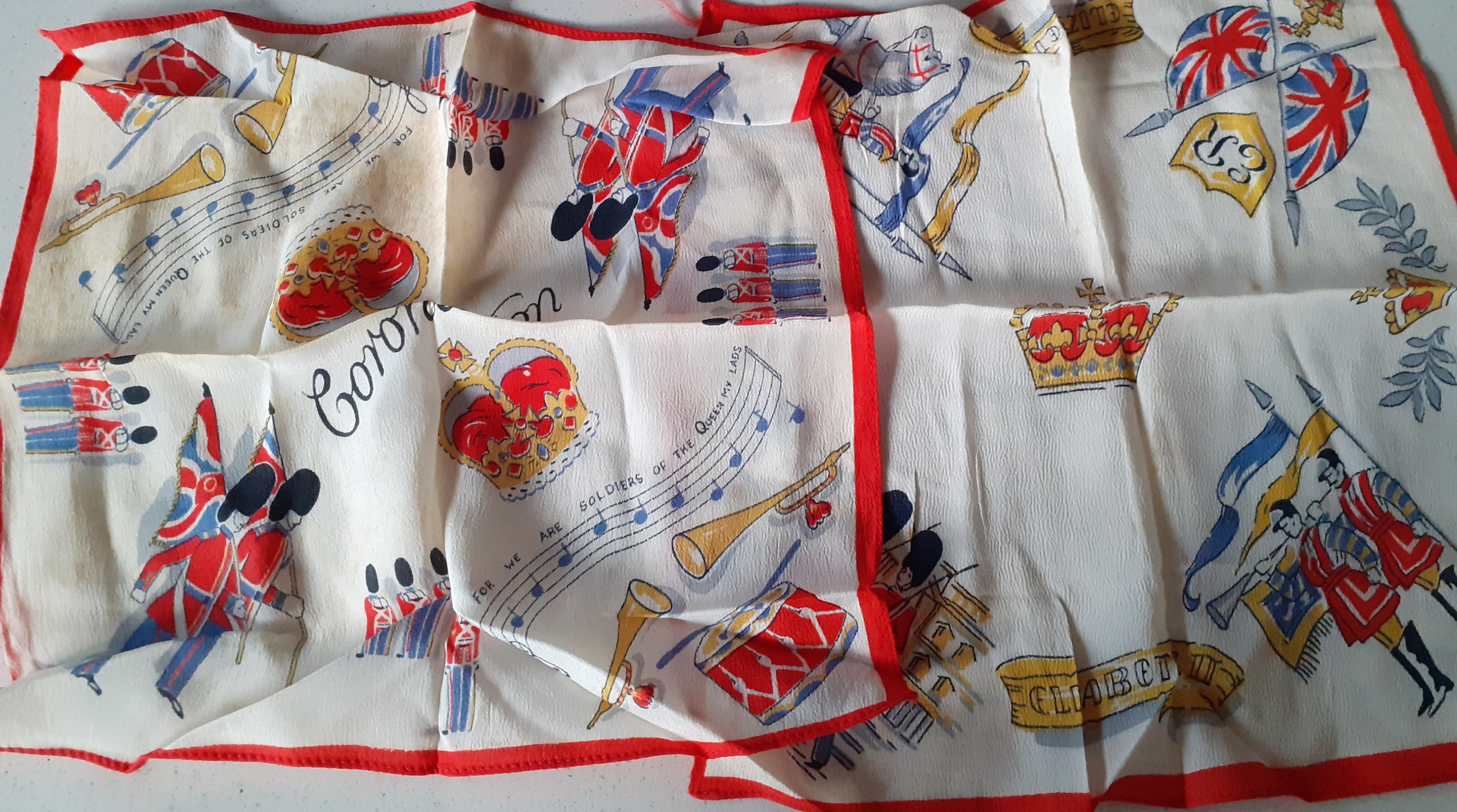 A vintage Yardley gold tone compact and 1953 Coronation scarves and handkerchiefs, a vintage small - Image 3 of 8