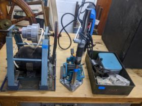 A drill press stand base, various tools parts, and a AC motor type BKS 2408 240V, and a basket