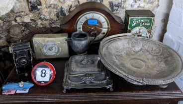 A mixed lot to include Victorian silver plate, oak cased mantel clock, barometer, vintage folding