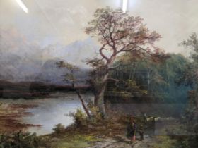 W. Bates - 1889? - faggot collectors and a sheep drover walking along a riverside path, with trees
