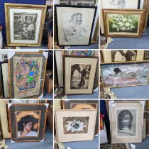 A mixed lot of pictures to include a Victorian crystoleum, French signed print, still life
