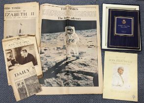 A mixed lot to include The Times The lunar odyssey special supplement newspaper, a signed Earl