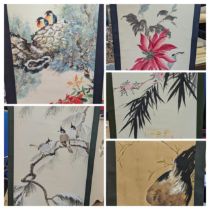 A mixed group of mid 20th century Chinese scrolls depicting various scenes to include a pair of