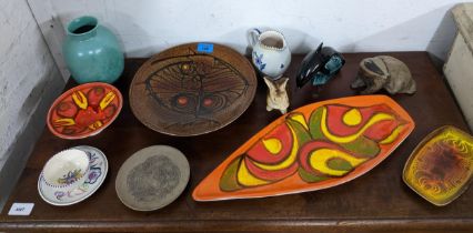 A collection of Poole pottery to include a Delphis spear dish, Aegean pottery, stoneware and pottery
