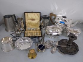 Silver plate to include a three piece tea set, candlestick, Duchess dessert forks, pewter tankards