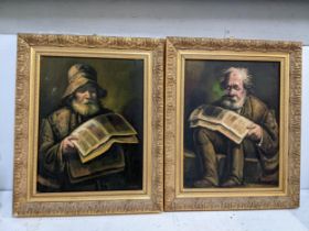 A pair of late 20th oil on canvas studies of a bearded old man, reading a newspaper, signed