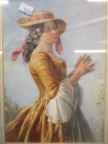 English School 19th century - watercolour study of a young woman wearing a straw hat tied with