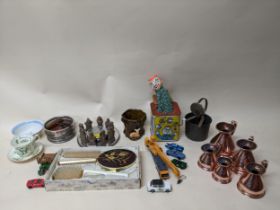 Mixed collectables to include five 20th century copper measuring jugs, sylvas, silver plate, a