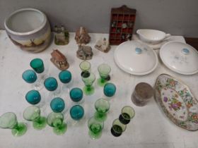 Ceramics, glass and collectables to include green pedestal glasses, Lilliput Lane cottage, Damask