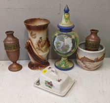 Ceramics, glass and metalware to include a Victorian painted glass vase and cover, brass and
