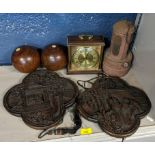 A mixed lot to include a pair of Chinese carved wall hangings, two treen Jacques & Son boules and