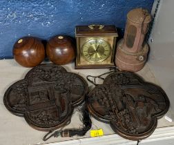 A mixed lot to include a pair of Chinese carved wall hangings, two treen Jacques & Son boules and