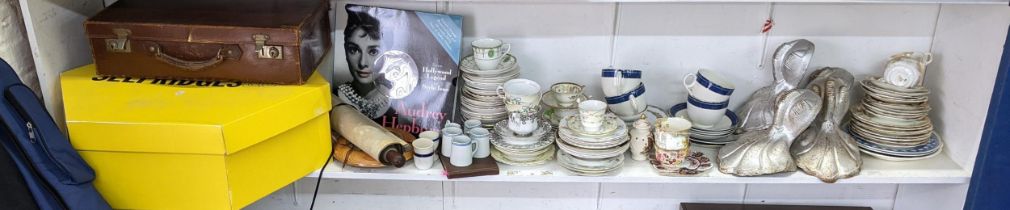 Mixed items to include part vintage tea sets, a formal hat in a Selfridges hat box, books, a small