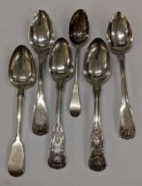 A selection of Georgian and later silver teaspoons to include two Kings pattern spoons engraved with