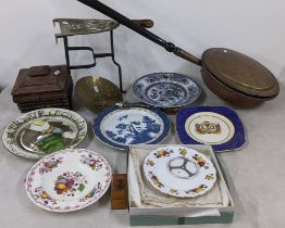 A mixed lot to include Victorian and later porcelain, brassware and a 19th century sewing box, Denby