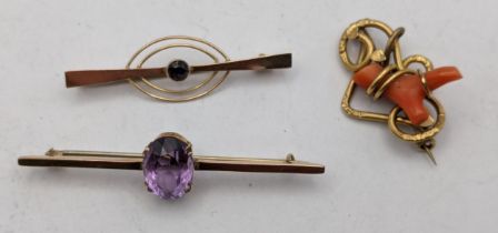 Three brooches, one Victorian, two Edwardian on yellow metal and non precious stones Location: