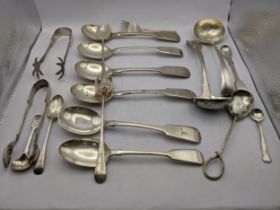 Silver plated items to include sugar tongs, and miscellaneous spoons and forks Location: