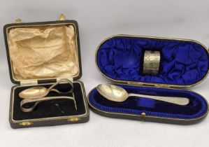 A Birmingham 1940 silver christening set pusher and spoon case along with one other total weight