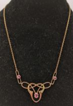 An Edwardian 9ct gold necklace having three pink tourmalines and a yellow metal necklace 4.1g