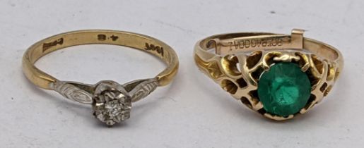 A 9ct gold diamond illusion set ring 2.2g together with a yellow metal ring inset with a green stone