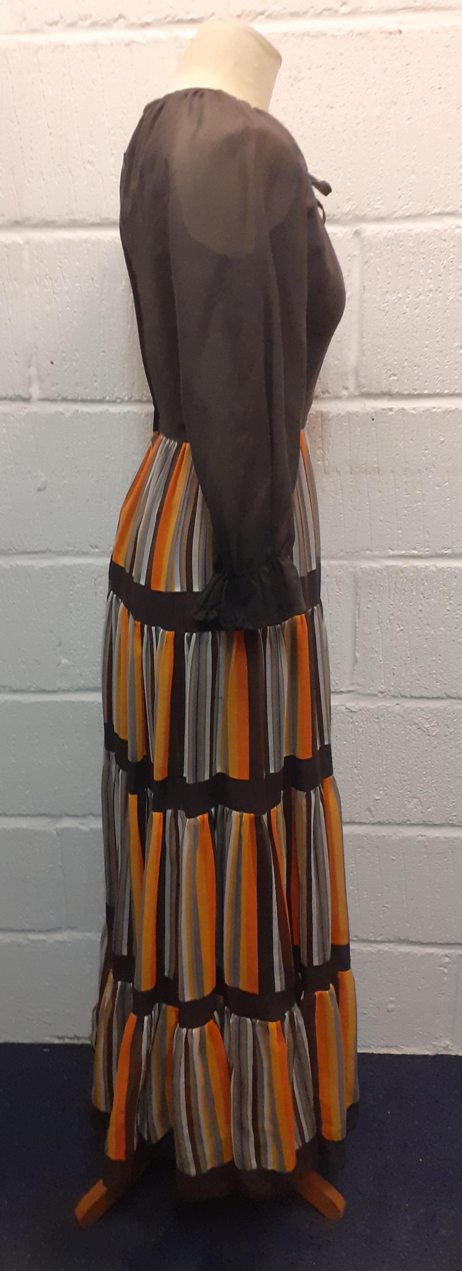 A 1970's Pat Farrell sheer brown full length dress having orange, yellow, brown and white stripes to - Image 7 of 12