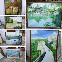 Mixed pictures to include oil paintings including one depicting the Great Wall of China, and