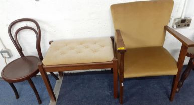 A penny chair, a child's open armchair and a retro teak stool with button upholstered seat,