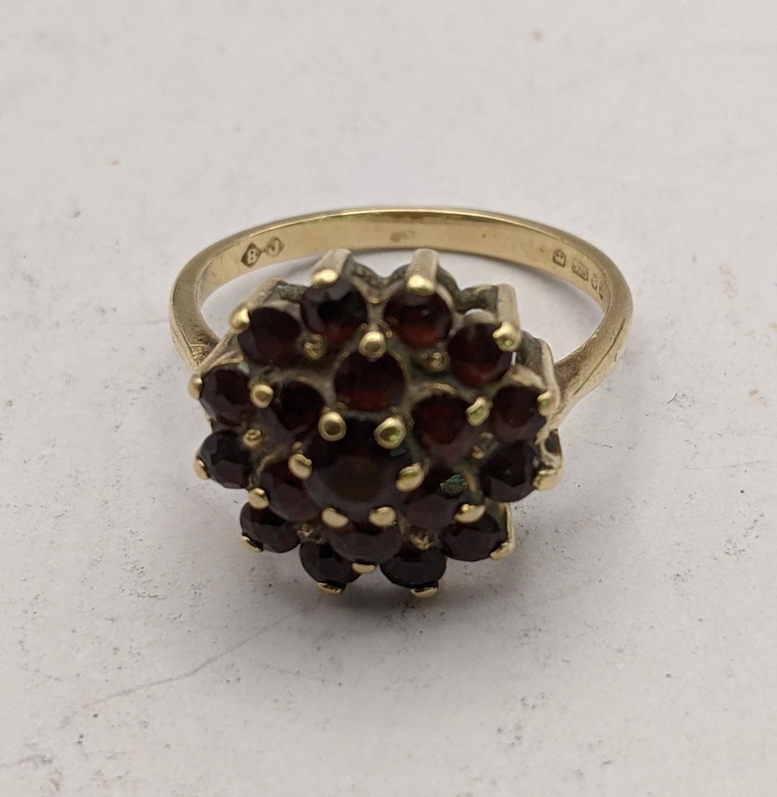 Three 9ct gold cluster rings one set with red garnets, one set with diamonds and rubies and one - Image 2 of 4