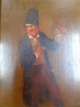 A late 19th/early 20th century oil on board of a lively gent drinking his beer, mounted in an ornate