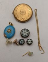 Mixed 9ct gold and yellow metal, tested as 9ct gold to include a Victorian mourning pendant, a