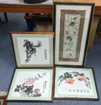 A Chinese silk depicting birds amongst floral decoration together with a collection of Chinese