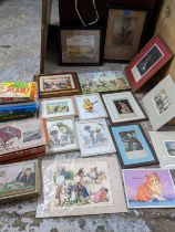 A quantity of Victorian and later watercolours, prints and puzzles to include a signed oil on canvas