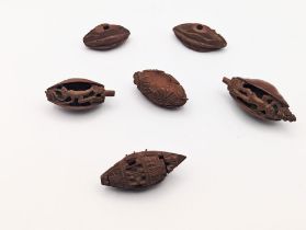 A group of six carved Chinese Hediao nuts to include one example signed to base and having moving