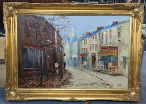 Barry Hilton - oil on canvas depicting a street scene, 74.5cm x 49.5cm in a gilt frame Location:
