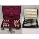A cased set of Victorian silver teaspoons and sugar tongs together with three loose spoons and