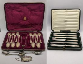 A cased set of Victorian silver teaspoons and sugar tongs together with three loose spoons and