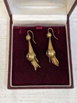 A pair of Victorian gold, enamel and pearl earrings with tassel style ends, A/F, Location: