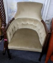 An Art Nouveau mahogany framed and button back upholstered armchair Location: RAM