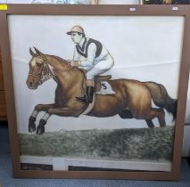 A framed picture depicting a jockey and horse, in a brown painted frame, 85cm x 85cm Location: