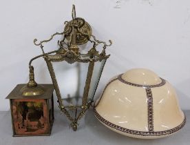 Three centre lights to include a plafonnier, a modern Arts & Crafts style lamp and a brass