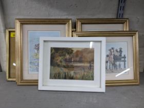 Pictures to include an Alfred Graham pair of landscapes, a river scene, watercolours and prints,
