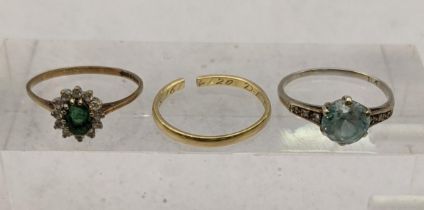 A 18ct gold wedding band A/F 1.2g together with a pair of 9ct gold rings one set with diamond 2.8g